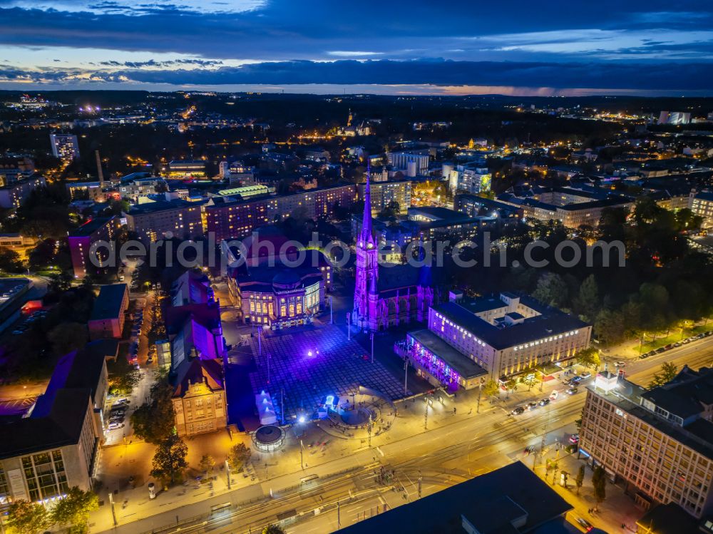 Aerial photograph at night Chemnitz - Night lights and illumination of the Chemnitz Opera House with Theaterplatz on the occasion of the festival Light our Vision - LICHT.MACHT.PLATZ. and the Petrikirche in Chemnitz in the federal state of Saxony