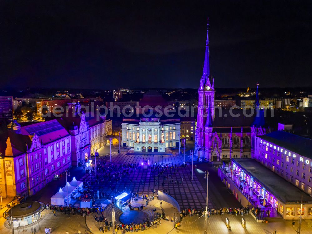 Aerial image at night Chemnitz - Night lights and illumination of the Chemnitz Opera House with Theaterplatz on the occasion of the festival Light our Vision - LICHT.MACHT.PLATZ. and the Petrikirche in Chemnitz in the federal state of Saxony