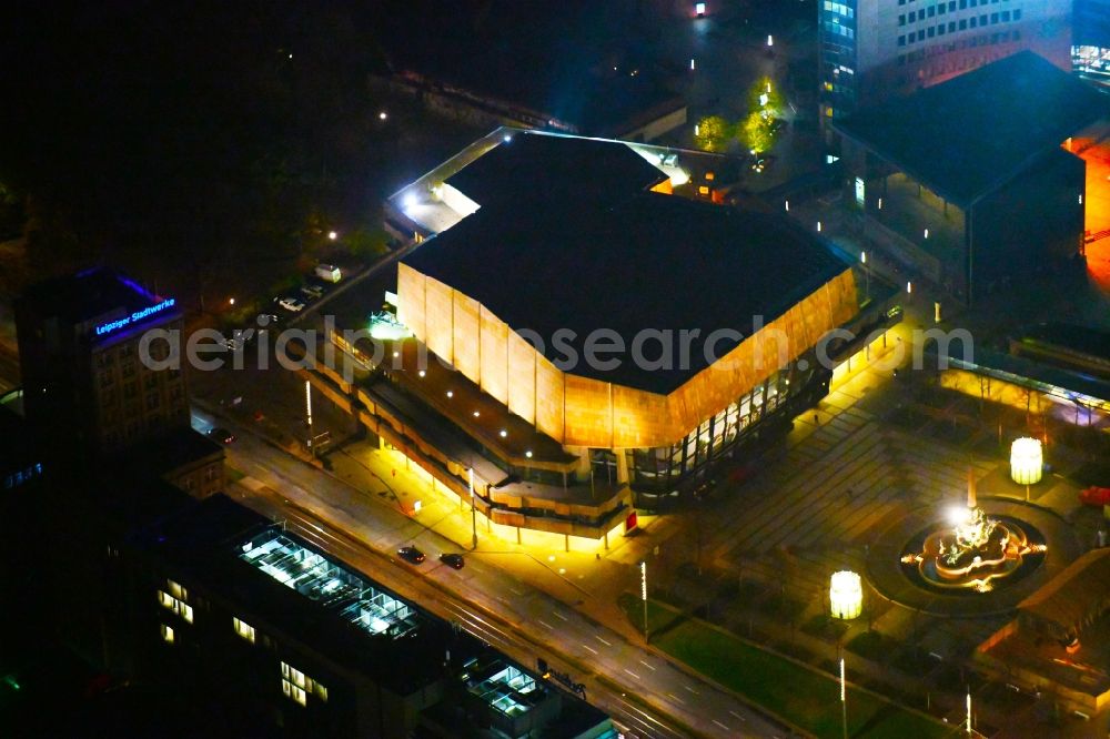 Aerial image at night Leipzig - Night lighting Opera house Gewandhaus zu Leipzig on Augustusplatz in the district Mitte in Leipzig in the state Saxony, Germany