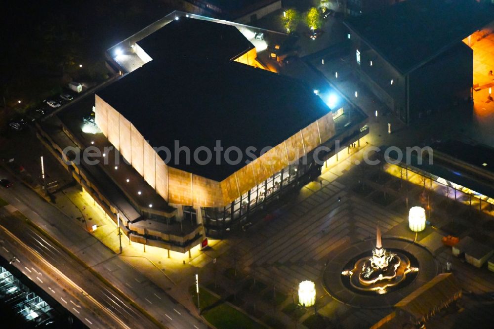 Leipzig at night from the bird perspective: Night lighting Opera house Gewandhaus zu Leipzig on Augustusplatz in the district Mitte in Leipzig in the state Saxony, Germany