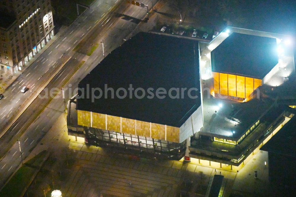 Aerial photograph at night Leipzig - Night lighting Opera house Gewandhaus zu Leipzig on Augustusplatz in the district Mitte in Leipzig in the state Saxony, Germany