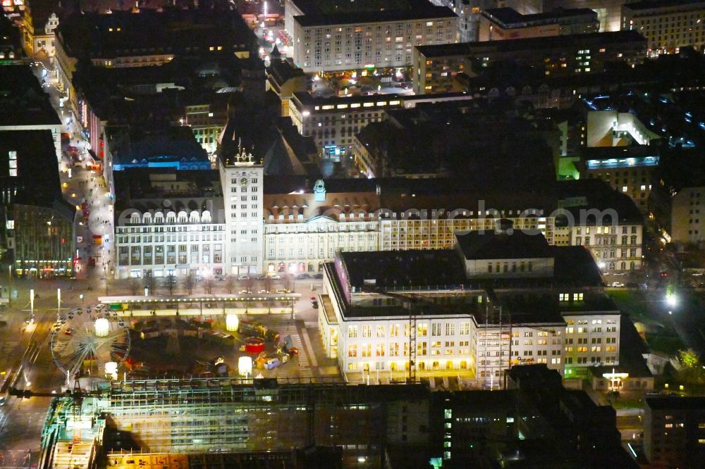 Leipzig at night from the bird perspective: Night lighting Opera house Oper Leipzig on Augustusplatz in Leipzig in the state Saxony, Germany