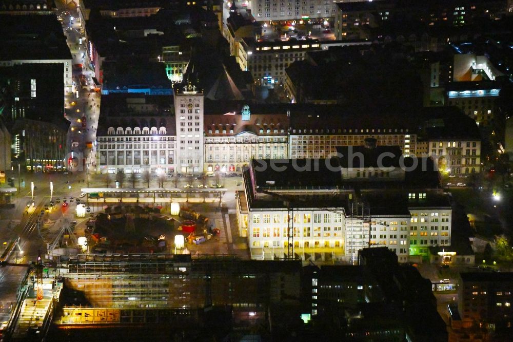 Aerial image at night Leipzig - Night lighting Opera house Oper Leipzig on Augustusplatz in Leipzig in the state Saxony, Germany