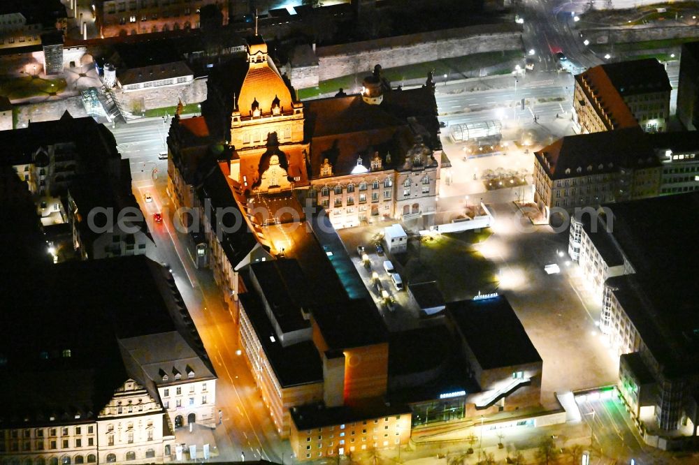 Nürnberg at night from above - Night lighting opera house Opernhaus Nuernberg on on Richard-Wagner-Platz in Nuremberg in the state Bavaria, Germany