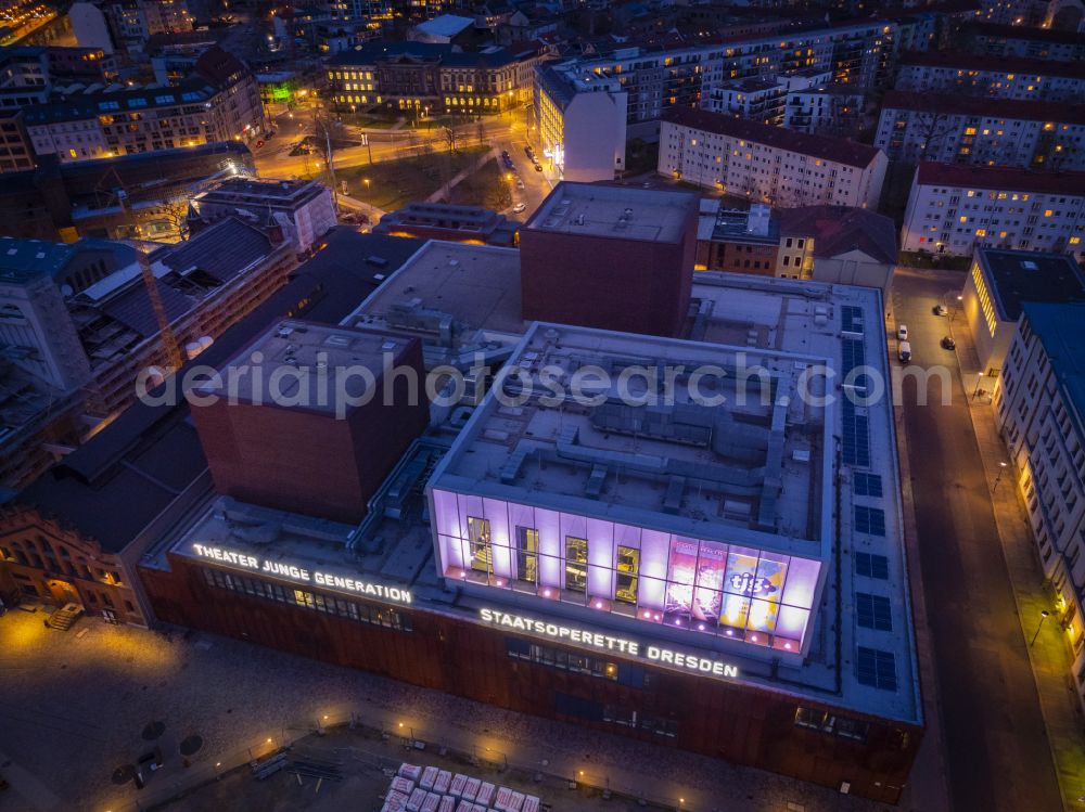 Aerial image at night Dresden - Night lighting opera house and playhouse Staatsoperette Dresden on Ehrlichstrasse - Wettiner Platz in the district Wilsdruffer Vorstadt in Dresden in the state Saxony, Germany