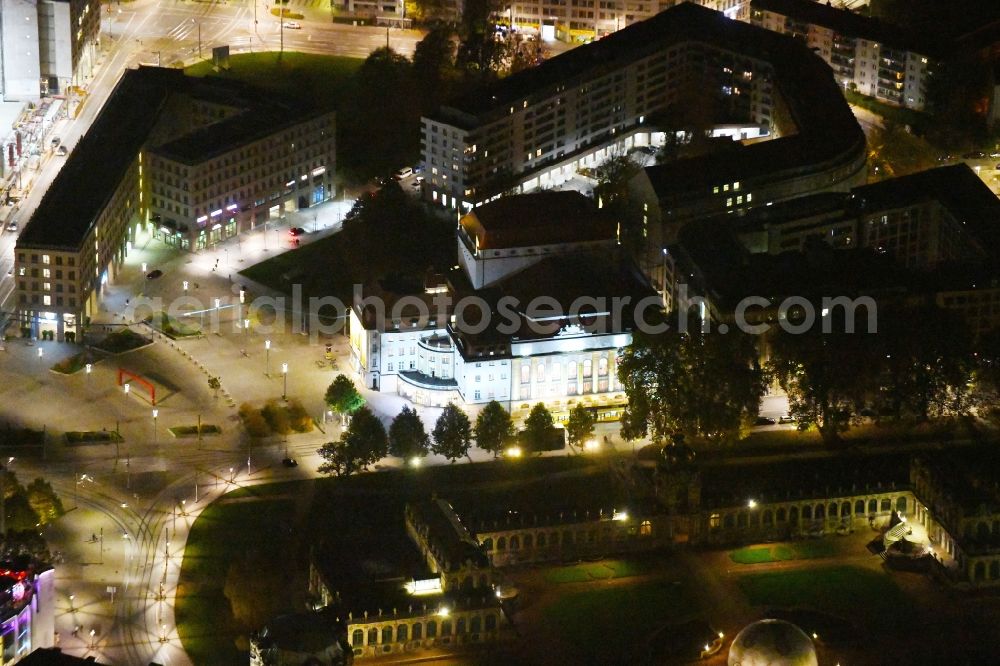 Aerial photograph at night Dresden - Night lighting opera-house and theatre Dresden - theatre in the district Old Town in Dresden in the federal state Saxony, Germany