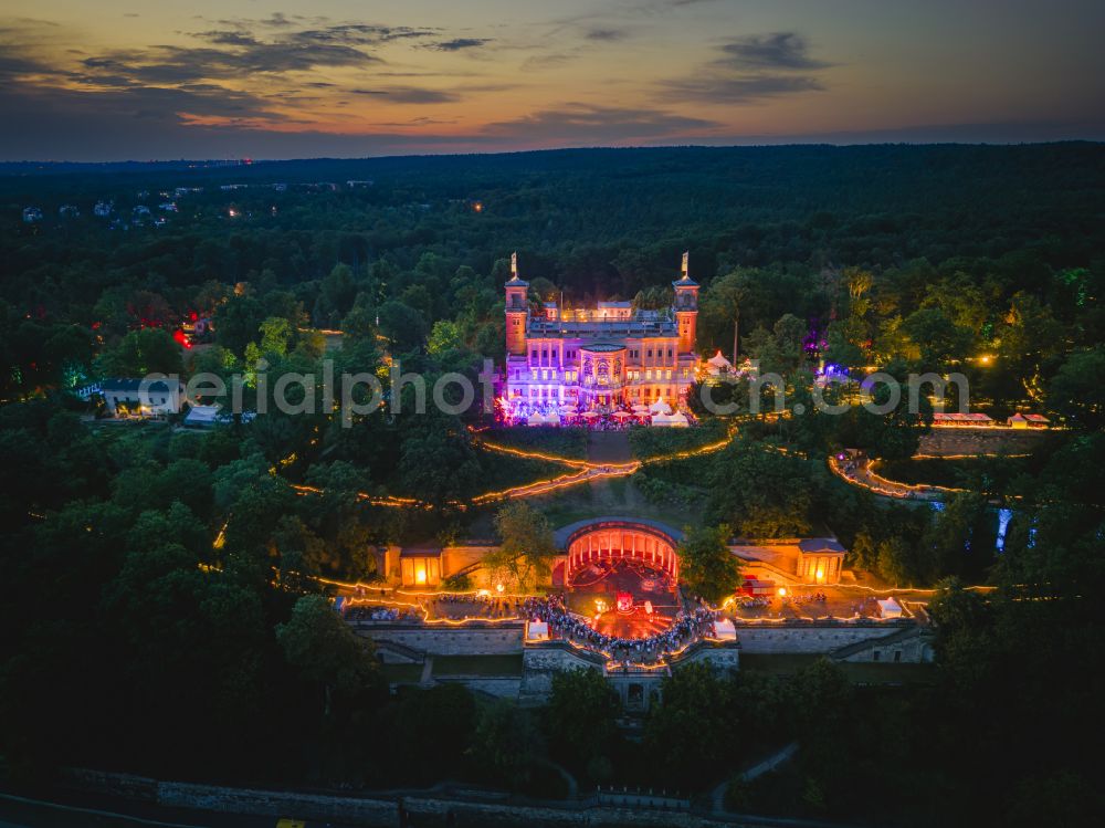 Dresden at night from the bird perspective: Night lighting palace Albrechtsberg on street Bautzner Strasse in the district Loschwitz in Dresden in the state Saxony, Germany