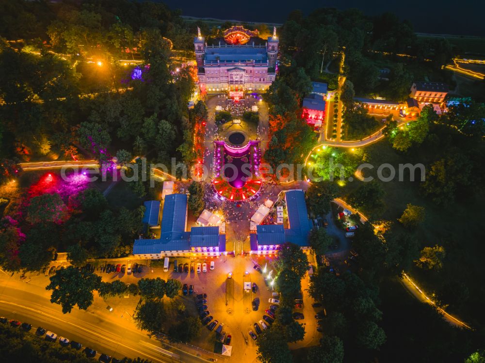 Aerial photograph at night Dresden - Night lighting palace Albrechtsberg on street Bautzner Strasse in the district Loschwitz in Dresden in the state Saxony, Germany