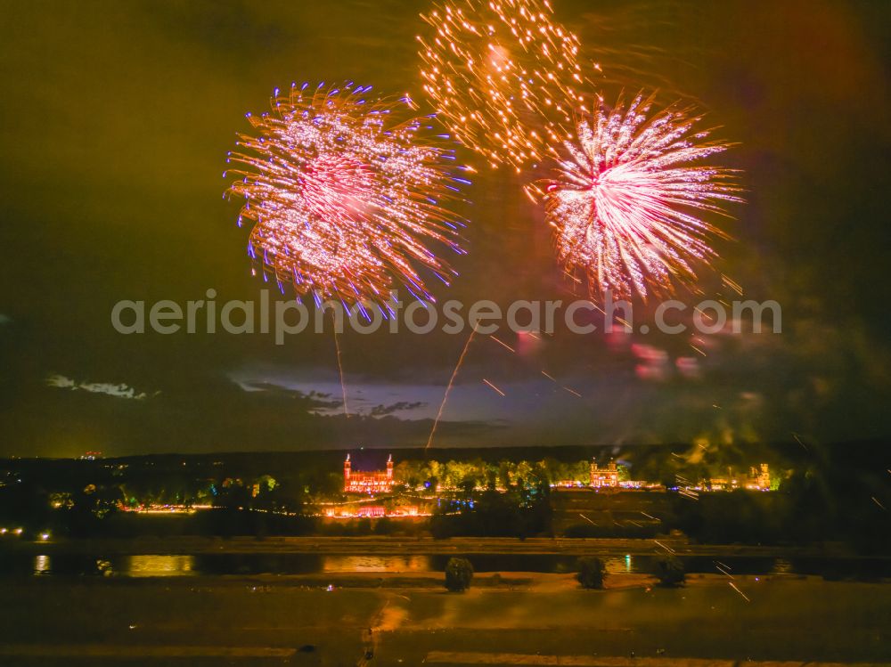 Aerial image at night Dresden - Night lighting palace Albrechtsberg on street Bautzner Strasse in the district Loschwitz in Dresden in the state Saxony, Germany