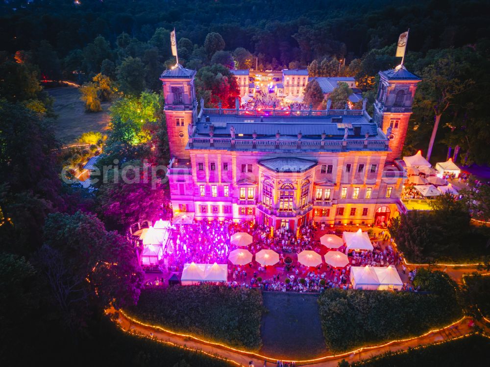 Dresden at night from above - Night lighting palace Albrechtsberg on street Bautzner Strasse in the district Loschwitz in Dresden in the state Saxony, Germany