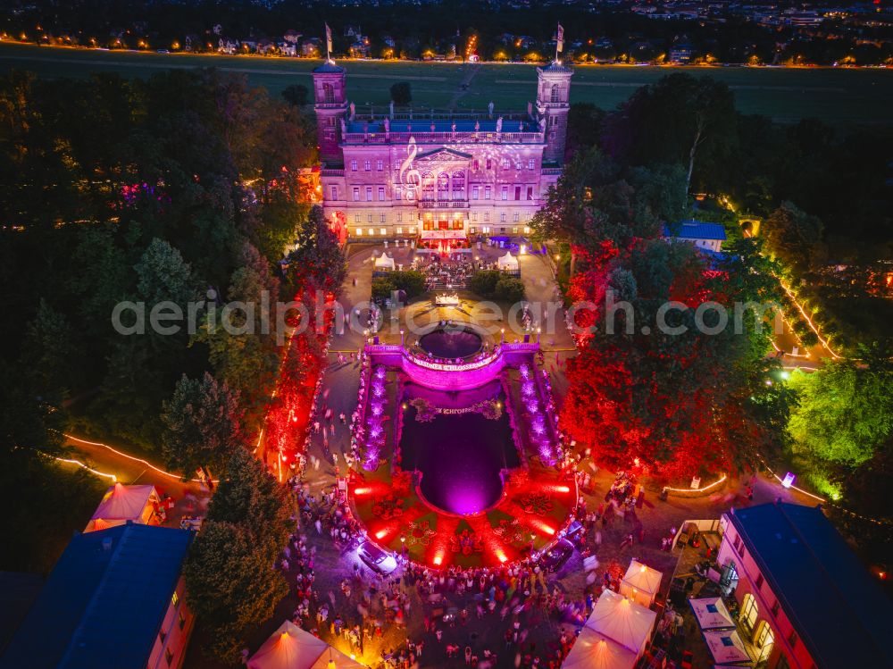 Dresden at night from the bird perspective: Night lighting palace Albrechtsberg on street Bautzner Strasse in Dresden in the state Saxony, Germany