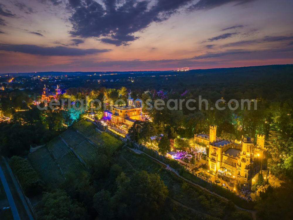 Aerial photograph at night Dresden - Night lighting palace Albrechtsberg on street Bautzner Strasse in the district Loschwitz in Dresden in the state Saxony, Germany