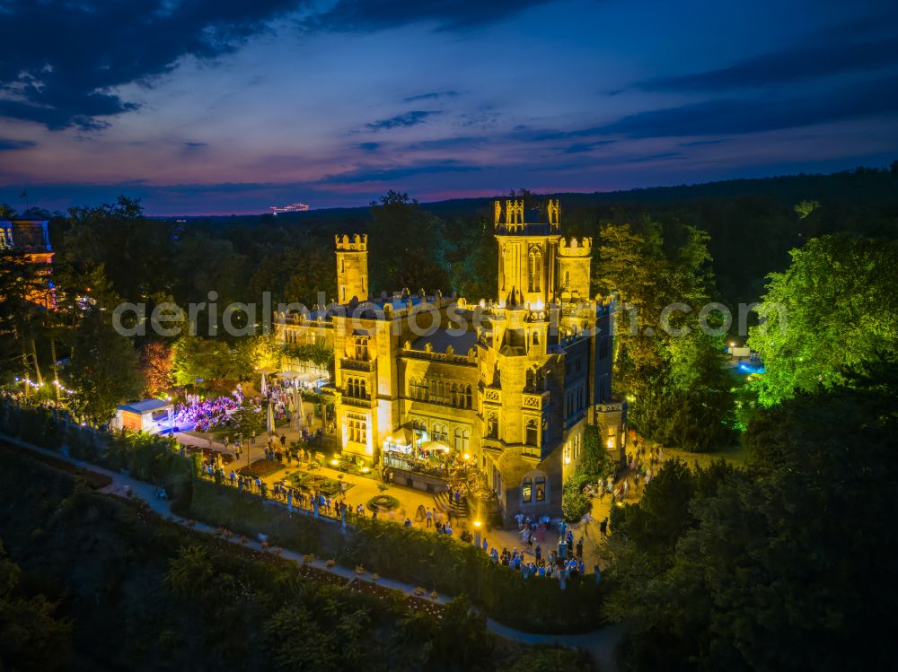 Aerial image at night Dresden - Night lighting palace Albrechtsberg on street Bautzner Strasse in the district Loschwitz in Dresden in the state Saxony, Germany