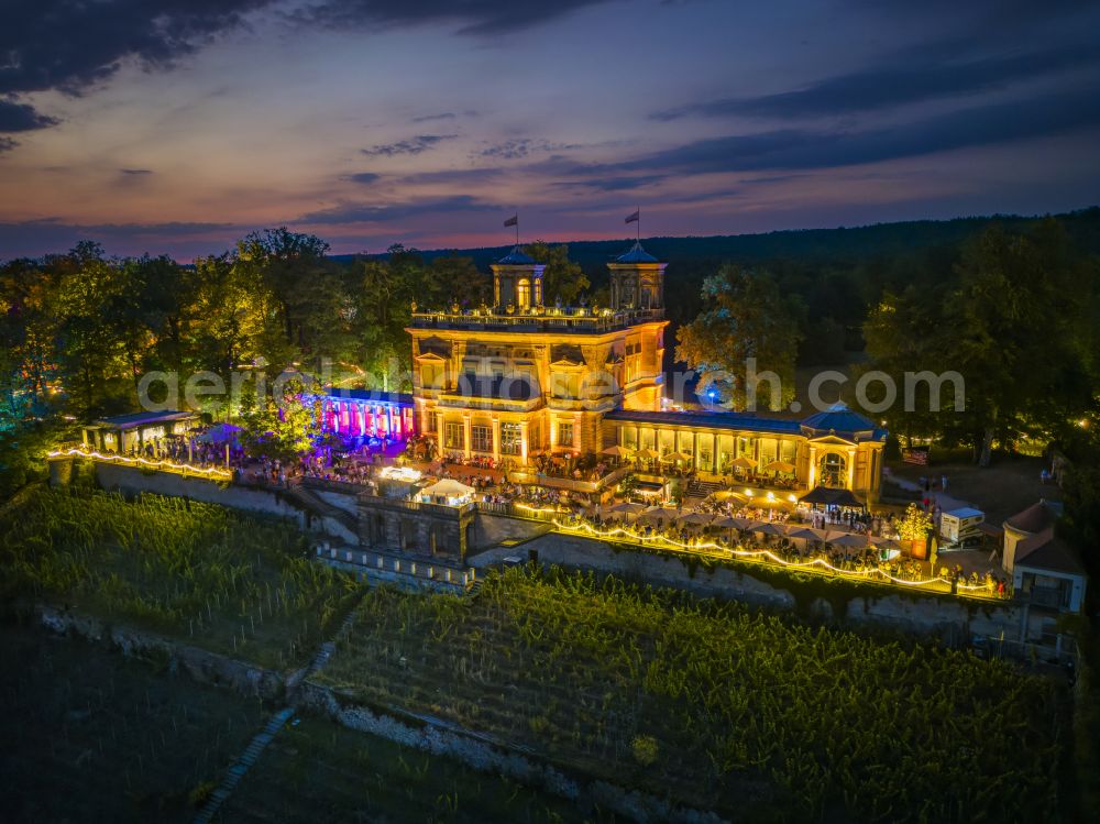 Dresden at night from above - Night lighting palace Albrechtsberg on street Bautzner Strasse in the district Loschwitz in Dresden in the state Saxony, Germany