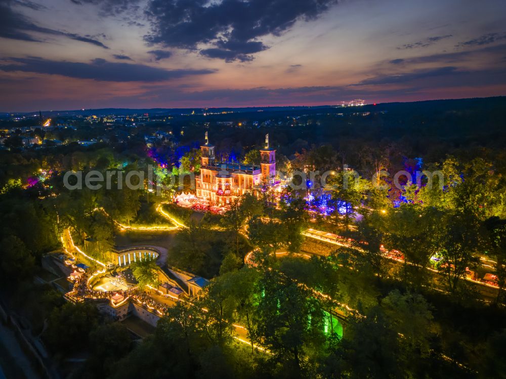 Dresden at night from the bird perspective: Night lighting palace Albrechtsberg on street Bautzner Strasse in the district Loschwitz in Dresden in the state Saxony, Germany