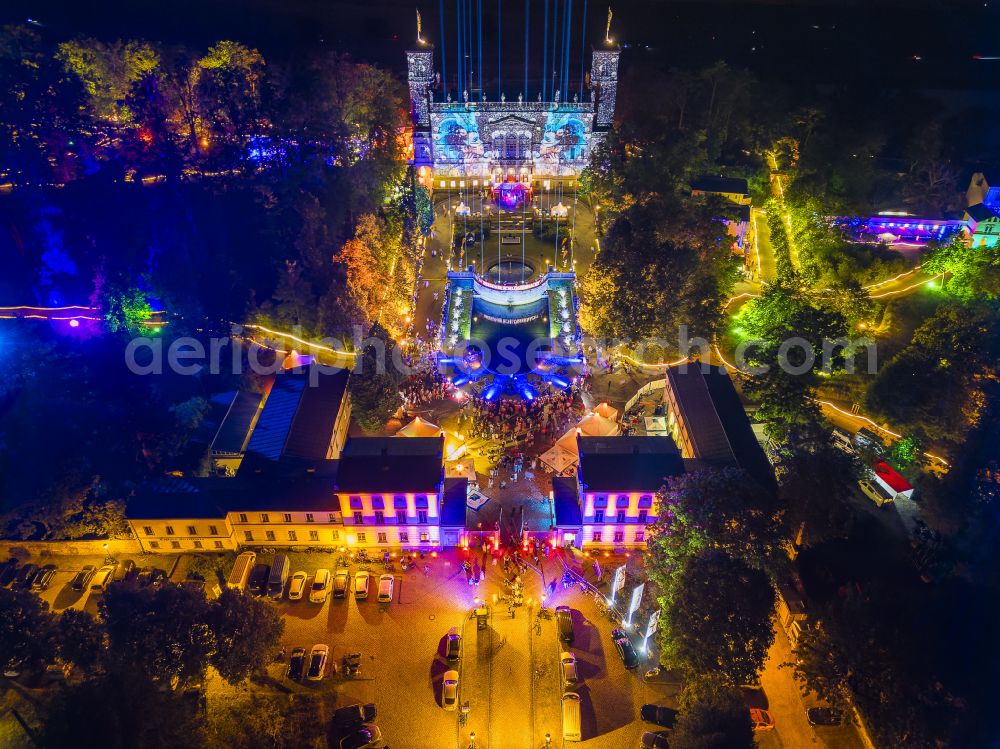 Aerial photograph at night Dresden - Night lighting palace Albrechtsberg on street Bautzner Strasse in the district Loschwitz in Dresden in the state Saxony, Germany