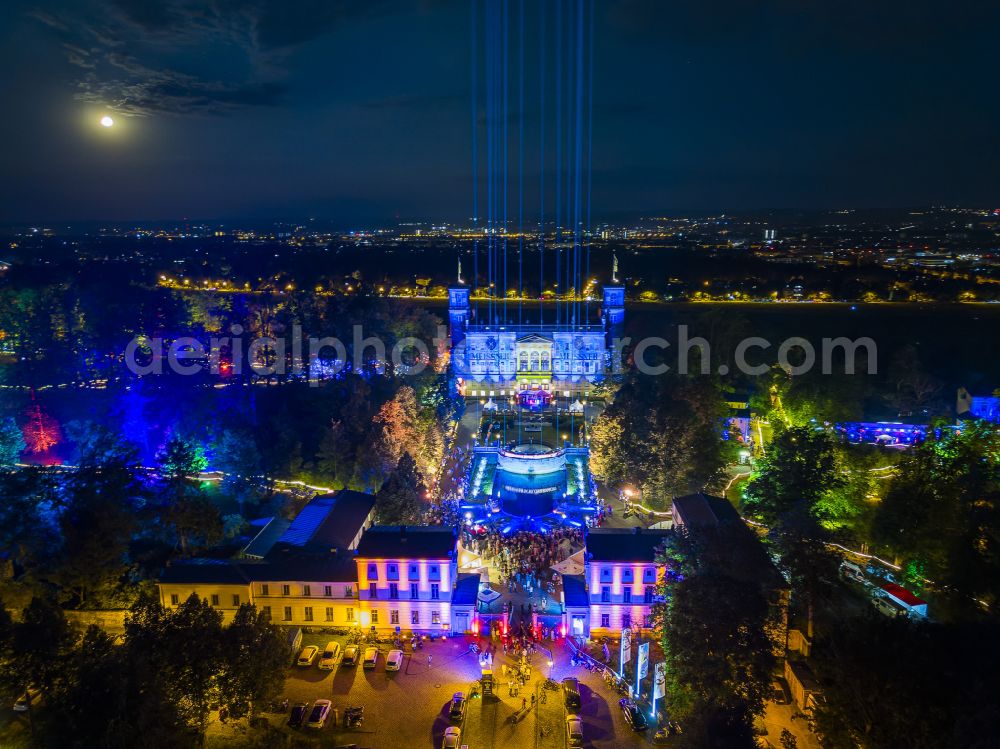 Aerial image at night Dresden - Night lighting palace Albrechtsberg on street Bautzner Strasse in the district Loschwitz in Dresden in the state Saxony, Germany