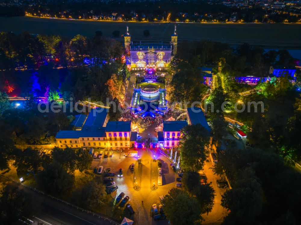 Dresden at night from the bird perspective: Night lighting palace Albrechtsberg on street Bautzner Strasse in the district Loschwitz in Dresden in the state Saxony, Germany