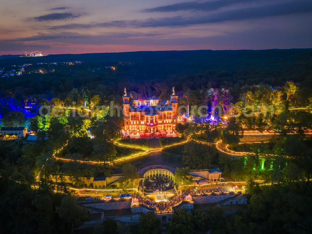 Aerial photograph at night Dresden - Night lighting palace Albrechtsberg on street Bautzner Strasse in the district Loschwitz in Dresden in the state Saxony, Germany