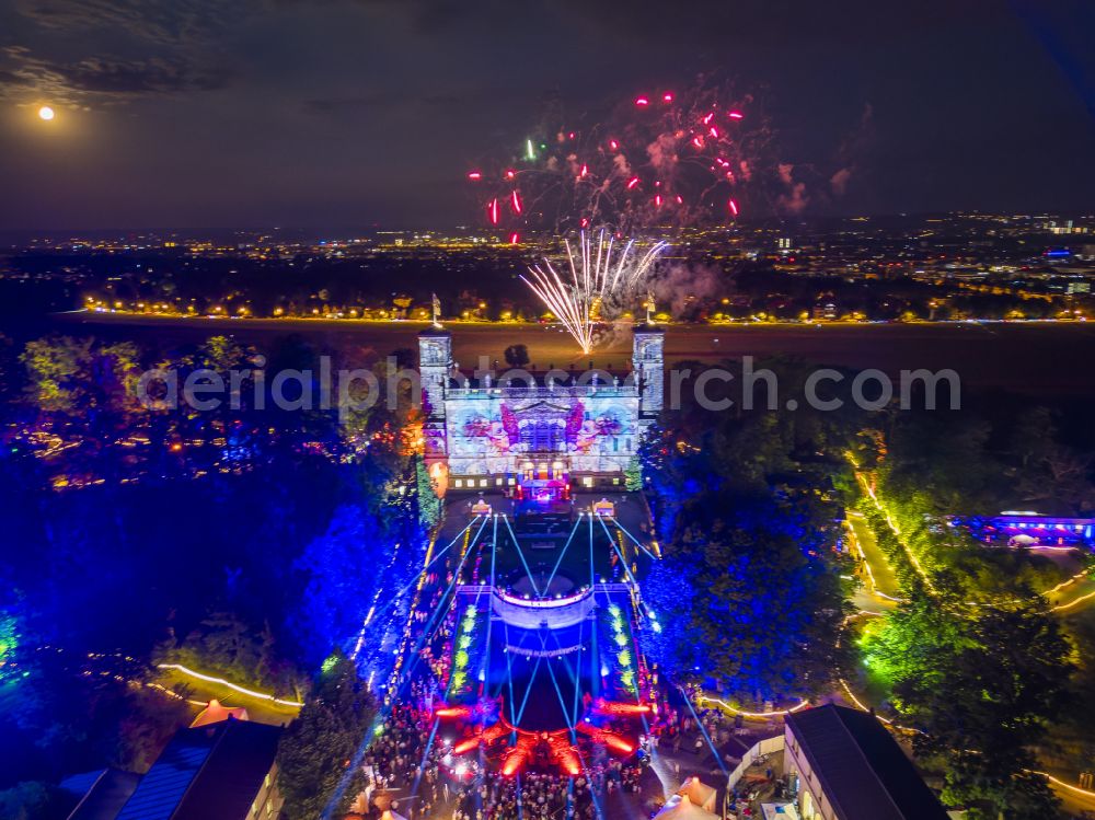 Aerial image at night Dresden - Night lighting palace Albrechtsberg on street Bautzner Strasse in the district Loschwitz in Dresden in the state Saxony, Germany