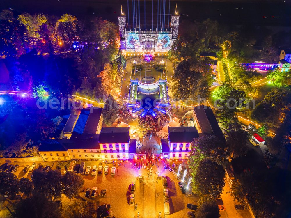 Aerial photograph at night Dresden - Night lighting palace Albrechtsberg on street Bautzner Strasse in the district Loschwitz in Dresden in the state Saxony, Germany