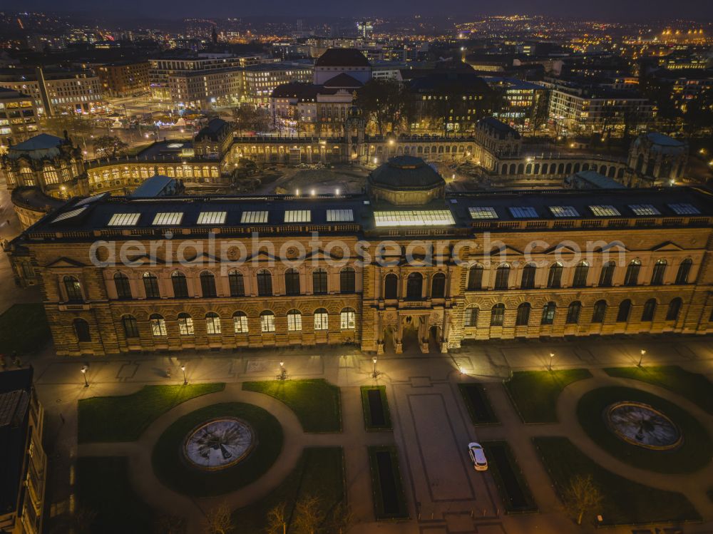 Dresden at night from above - Night lighting Palace of the castle Dresdner Zwinger on Theaterplatz - Sophienstrasse in the district Altstadt in Dresden in the federal state of Saxony, Germany