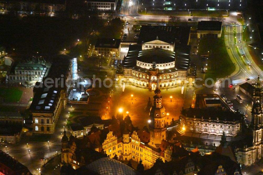 Dresden at night from above - Night lighting Palace Residenzschloss - Taschenbergpalais in the district Altstadt in Dresden in the state Saxony, Germany