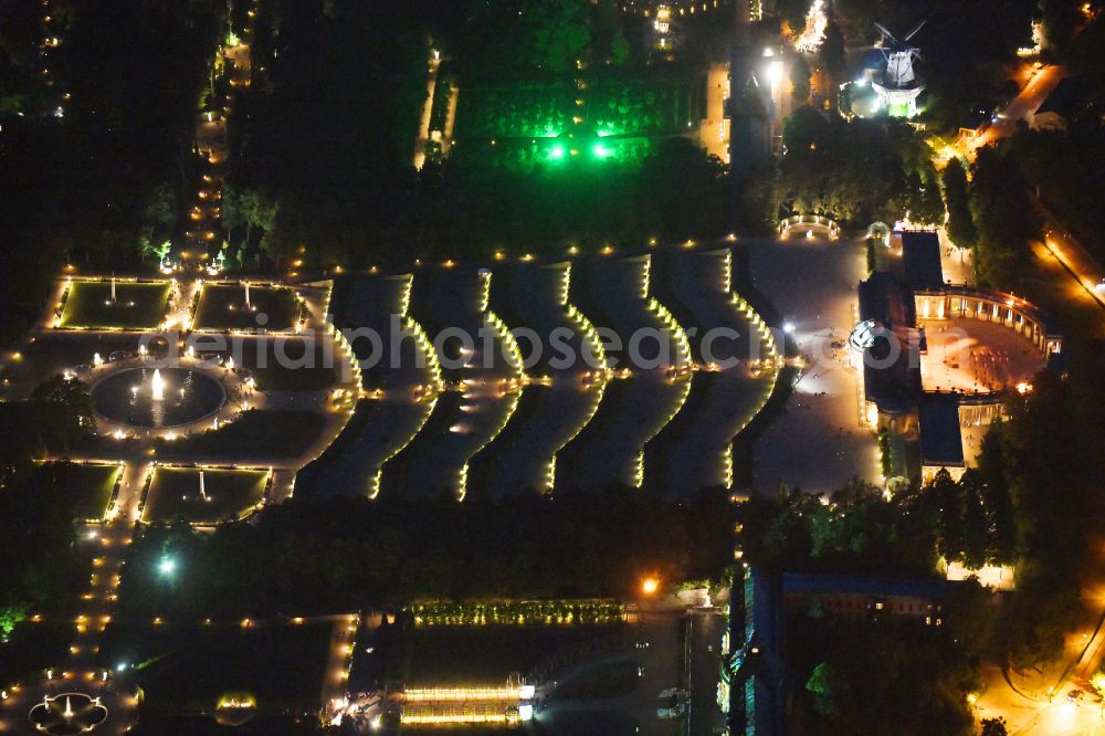 Potsdam at night from above - Night lights and illumination on the occasion of the Potsdam Palace Night 2019 at the palace of Sanssouci Palace on Maulbeerallee in Potsdam in the federal state of Brandenburg, Germany