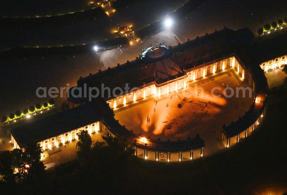 Potsdam at night from the bird perspective: Night lights and illumination on the occasion of the Potsdam Palace Night 2019 at the palace of Sanssouci Palace on Maulbeerallee in Potsdam in the federal state of Brandenburg, Germany