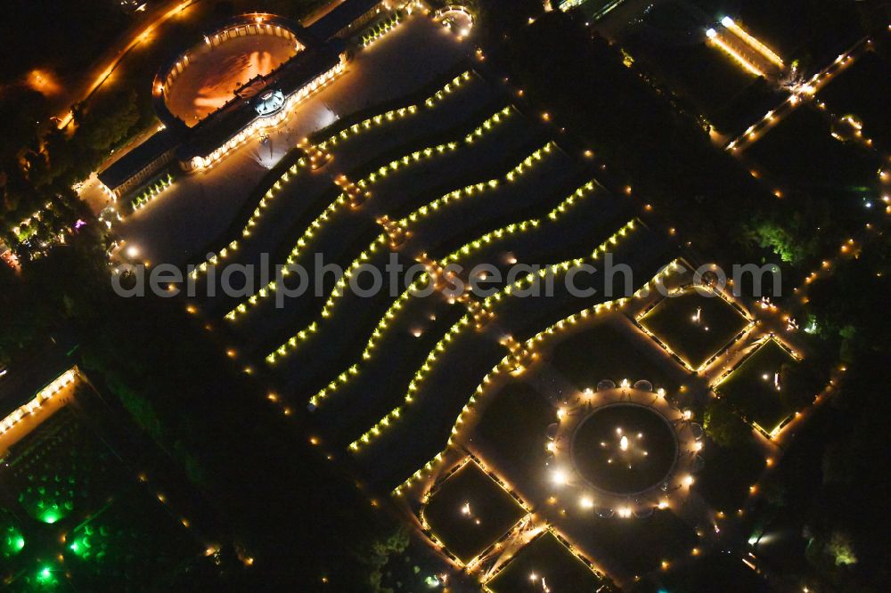 Aerial image at night Potsdam - Night lights and illumination on the occasion of the Potsdam Palace Night 2019 at the palace of Sanssouci Palace on Maulbeerallee in Potsdam in the federal state of Brandenburg, Germany