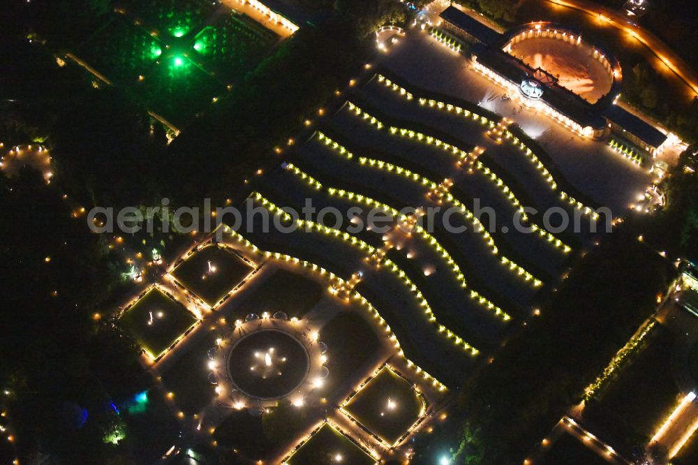 Potsdam at night from the bird perspective: Night lights and illumination on the occasion of the Potsdam Palace Night 2019 at the palace of Sanssouci Palace on Maulbeerallee in Potsdam in the federal state of Brandenburg, Germany