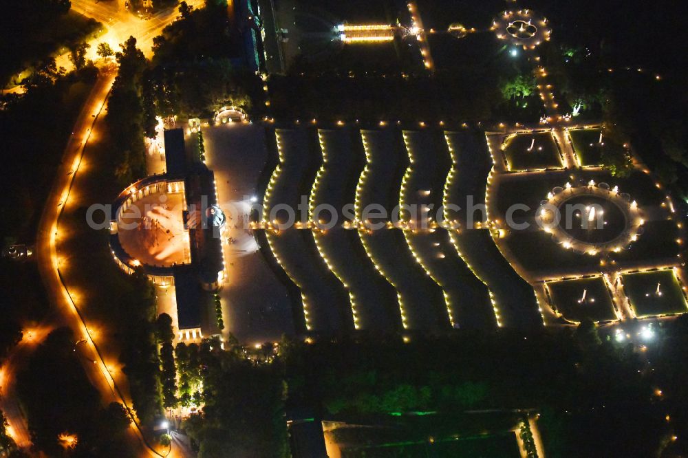 Aerial image at night Potsdam - Night lights and illumination on the occasion of the Potsdam Palace Night 2019 at the palace of Sanssouci Palace on Maulbeerallee in Potsdam in the federal state of Brandenburg, Germany