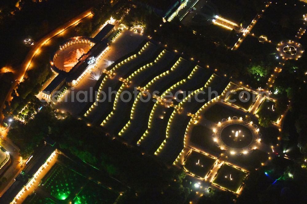 Potsdam at night from the bird perspective: Night lights and illumination on the occasion of the Potsdam Palace Night 2019 at the palace of Sanssouci Palace on Maulbeerallee in Potsdam in the federal state of Brandenburg, Germany