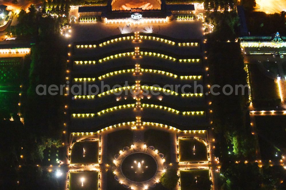 Aerial photograph at night Potsdam - Night lights and illumination on the occasion of the Potsdam Palace Night 2019 at the palace of Sanssouci Palace on Maulbeerallee in Potsdam in the federal state of Brandenburg, Germany