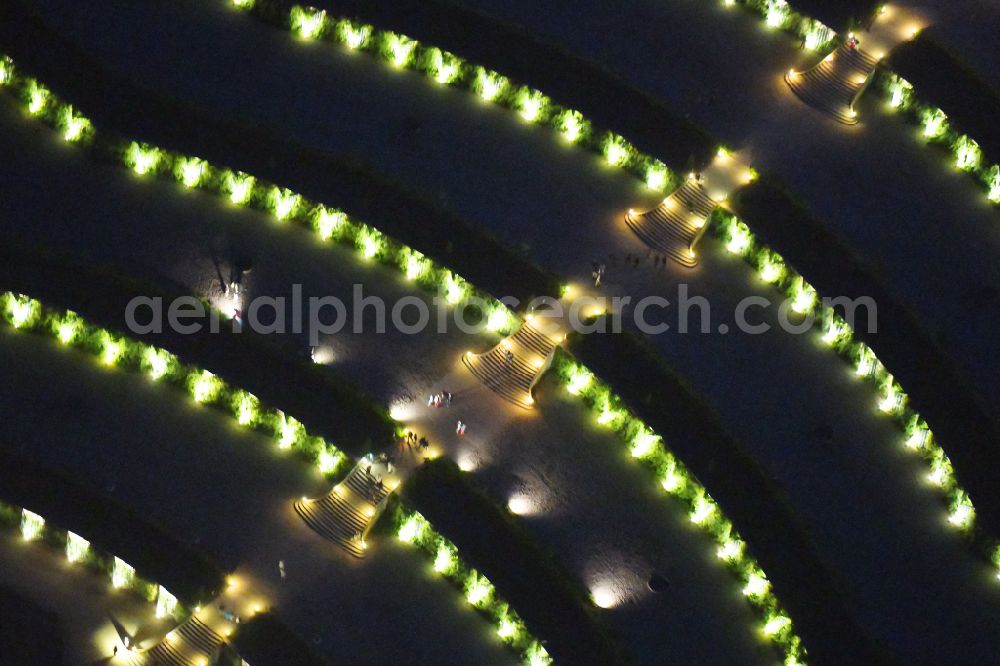 Aerial image at night Potsdam - Night lights and illumination on the occasion of the Potsdam Palace Night 2019 at the palace of Sanssouci Palace on Maulbeerallee in Potsdam in the federal state of Brandenburg, Germany