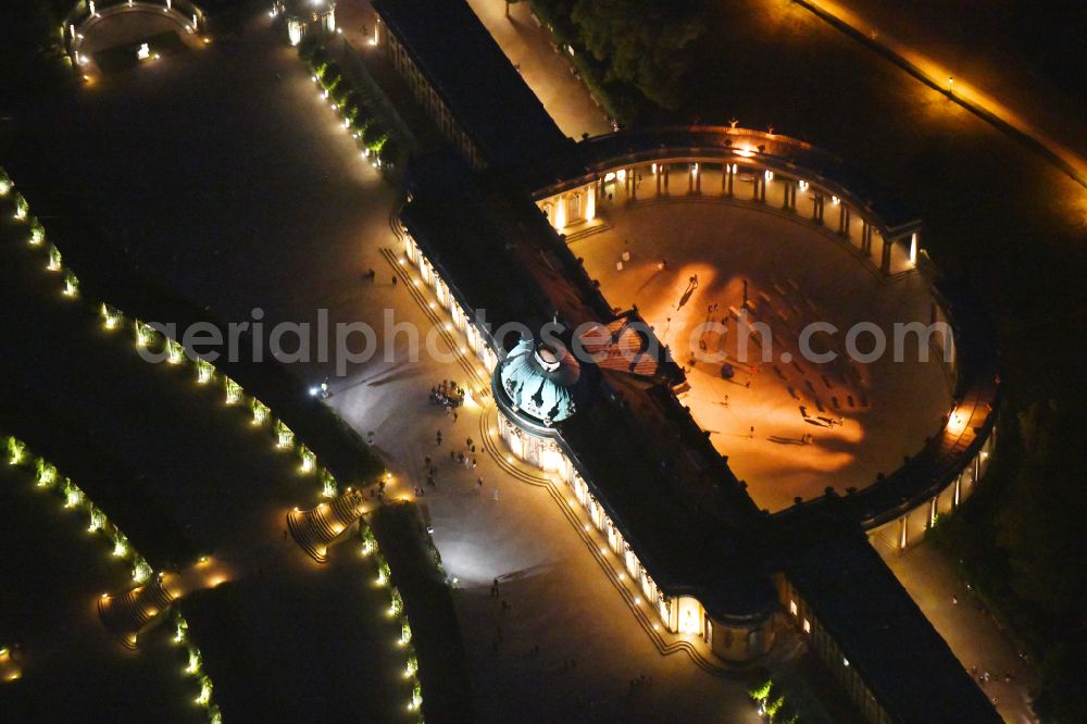 Potsdam at night from above - Night lights and illumination on the occasion of the Potsdam Palace Night 2019 at the palace of Sanssouci Palace on Maulbeerallee in Potsdam in the federal state of Brandenburg, Germany