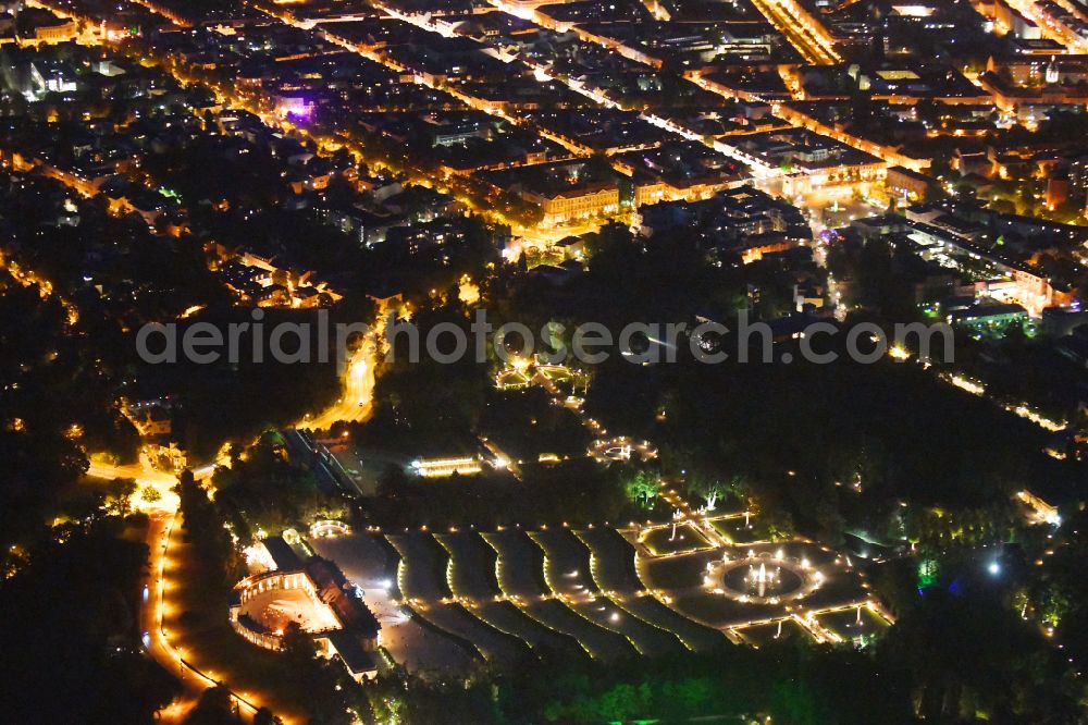 Potsdam at night from the bird perspective: Night lights and illumination on the occasion of the Potsdam Palace Night 2019 at the palace of Sanssouci Palace on Maulbeerallee in Potsdam in the federal state of Brandenburg, Germany