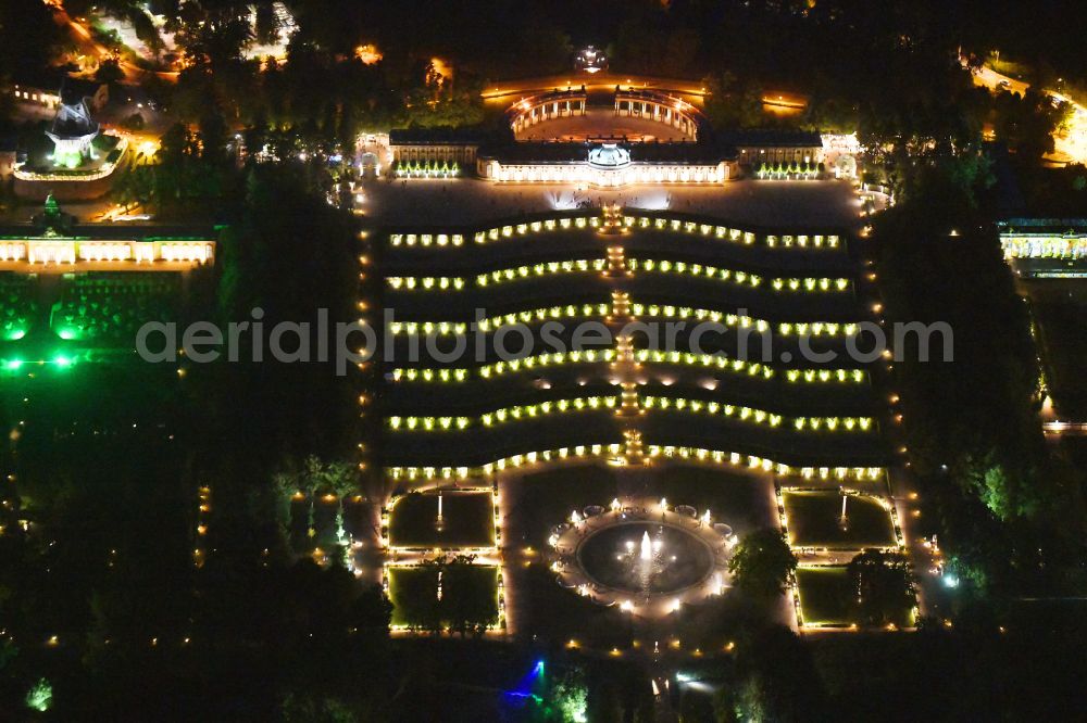 Aerial photograph at night Potsdam - Night lights and illumination on the occasion of the Potsdam Palace Night 2019 at the palace of Sanssouci Palace on Maulbeerallee in Potsdam in the federal state of Brandenburg, Germany