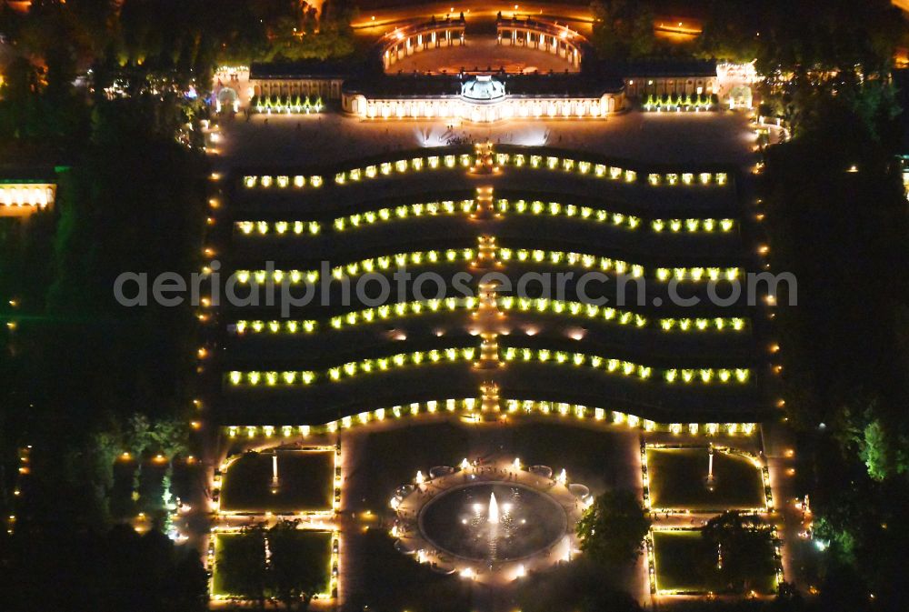 Aerial image at night Potsdam - Night lights and illumination on the occasion of the Potsdam Palace Night 2019 at the palace of Sanssouci Palace on Maulbeerallee in Potsdam in the federal state of Brandenburg, Germany