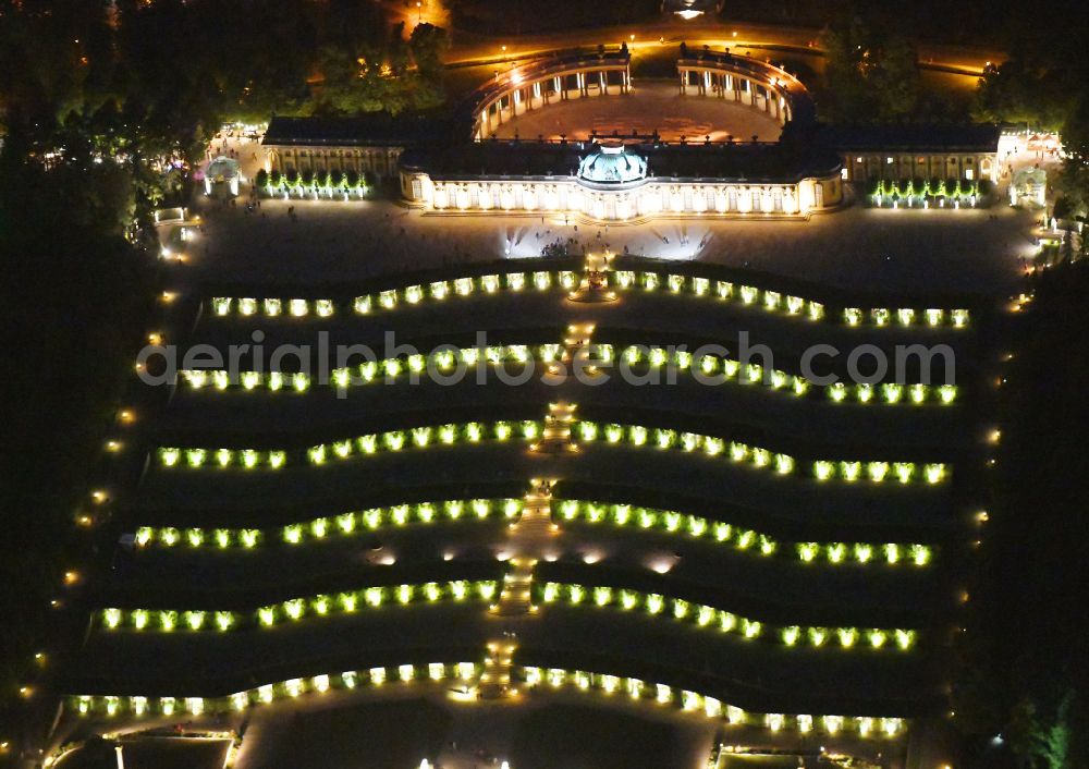 Potsdam at night from above - Night lights and illumination on the occasion of the Potsdam Palace Night 2019 at the palace of Sanssouci Palace on Maulbeerallee in Potsdam in the federal state of Brandenburg, Germany