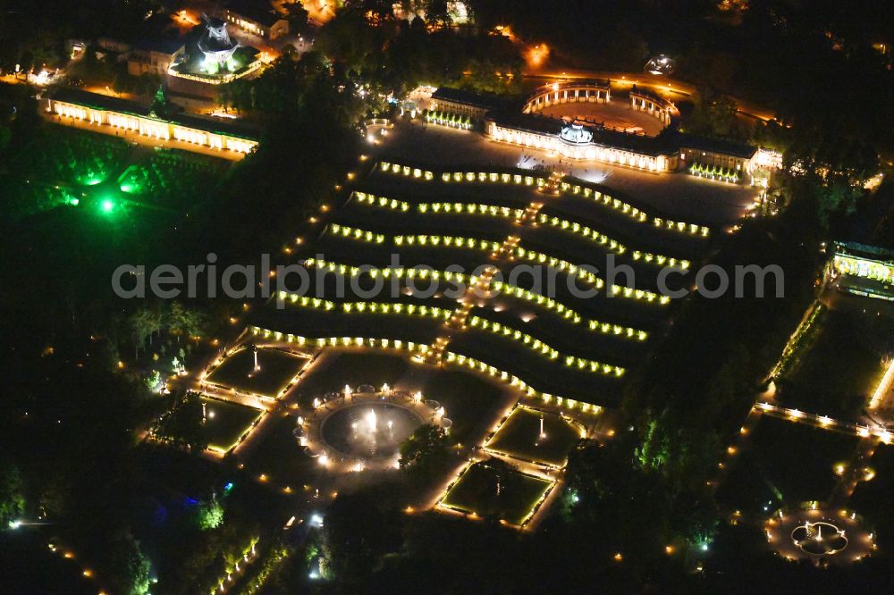 Potsdam at night from the bird perspective: Night lights and illumination on the occasion of the Potsdam Palace Night 2019 at the palace of Sanssouci Palace on Maulbeerallee in Potsdam in the federal state of Brandenburg, Germany