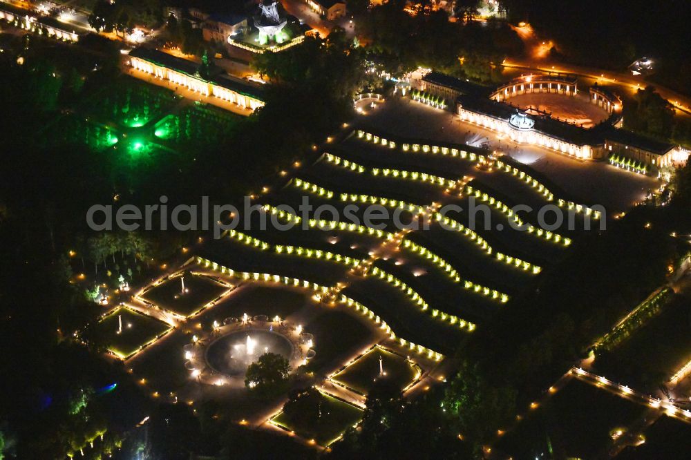 Aerial photograph at night Potsdam - Night lights and illumination on the occasion of the Potsdam Palace Night 2019 at the palace of Sanssouci Palace on Maulbeerallee in Potsdam in the federal state of Brandenburg, Germany