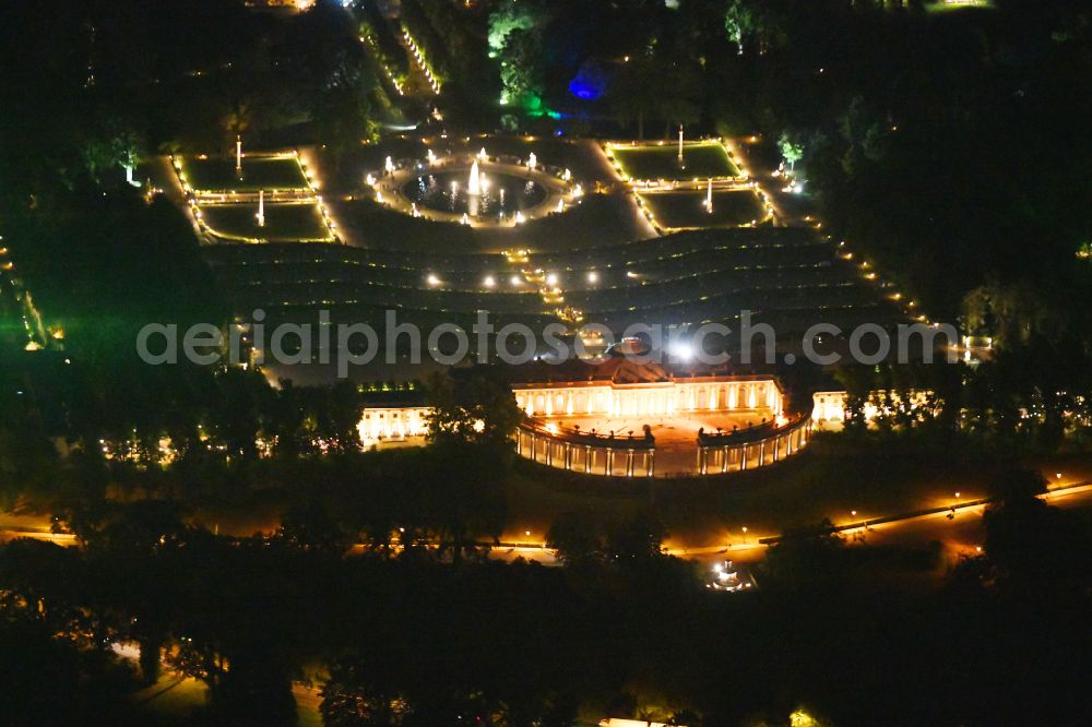 Aerial image at night Potsdam - Night lights and illumination on the occasion of the Potsdam Palace Night 2019 at the palace of Sanssouci Palace on Maulbeerallee in Potsdam in the federal state of Brandenburg, Germany