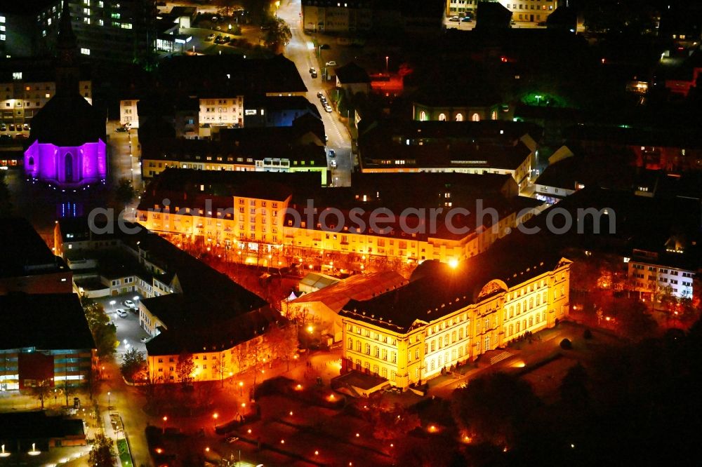 Aerial image at night Zweibrücken - Night lighting palace on place Schlossplatz in the state Rhineland-Palatinate, Germany