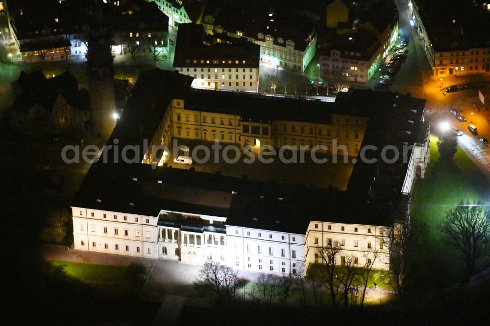 Aerial image at night Weimar - Night lighting Palace Stadtschloss Weimar on Burgplatz in Weimar in the state Thuringia, Germany