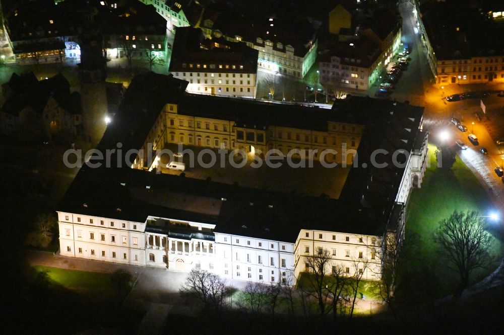 Weimar at night from above - Night lighting Palace Stadtschloss Weimar on Burgplatz in Weimar in the state Thuringia, Germany