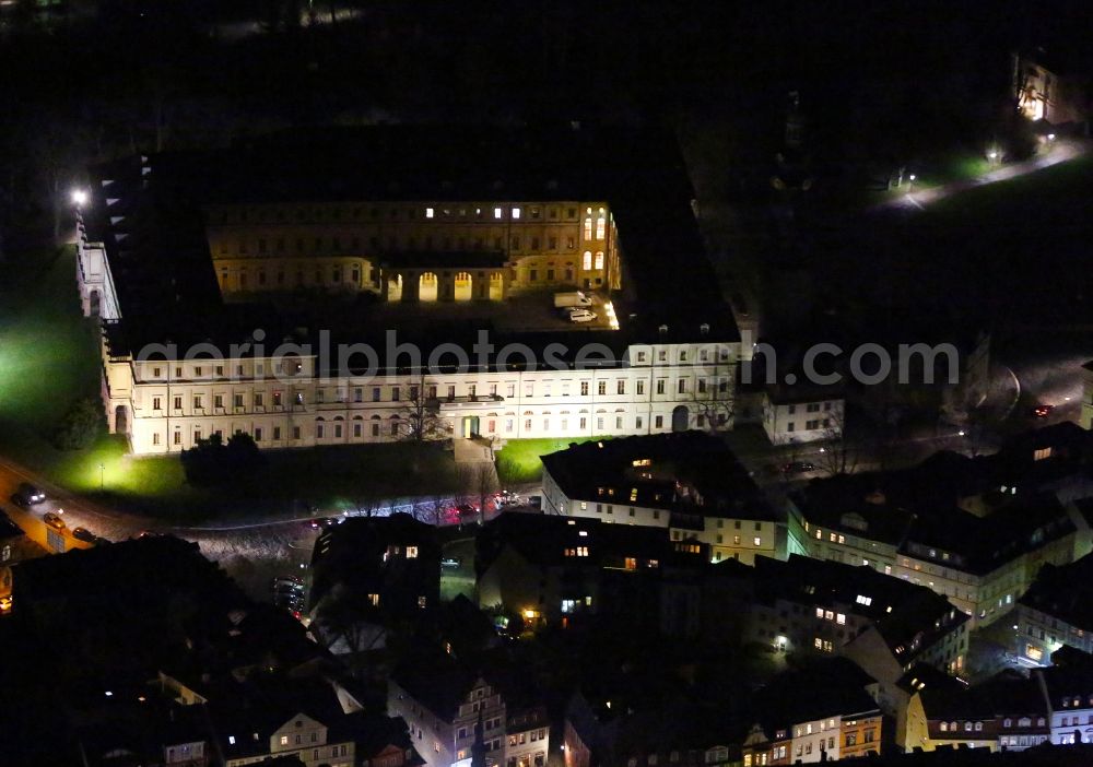 Aerial image at night Weimar - Night lighting Palace Stadtschloss Weimar on Burgplatz in Weimar in the state Thuringia, Germany