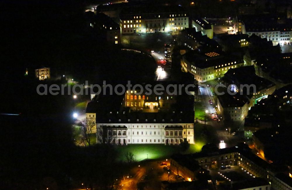 Aerial image at night Weimar - Night lighting Palace Stadtschloss Weimar on Burgplatz in Weimar in the state Thuringia, Germany