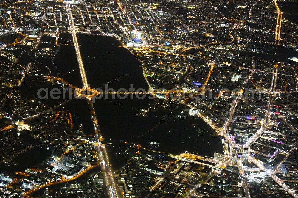 Aerial photograph at night Berlin - Night lighting Park of Tiergarten - Strasse of 17. Juni - Siegessaeule - Grosser Stern in the district Tiergarten in Berlin, Germany