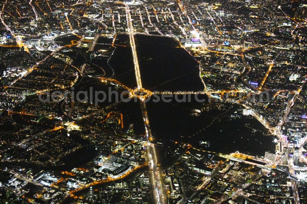 Berlin at night from above - Night lighting Park of Tiergarten - Strasse of 17. Juni - Siegessaeule - Grosser Stern in the district Tiergarten in Berlin, Germany